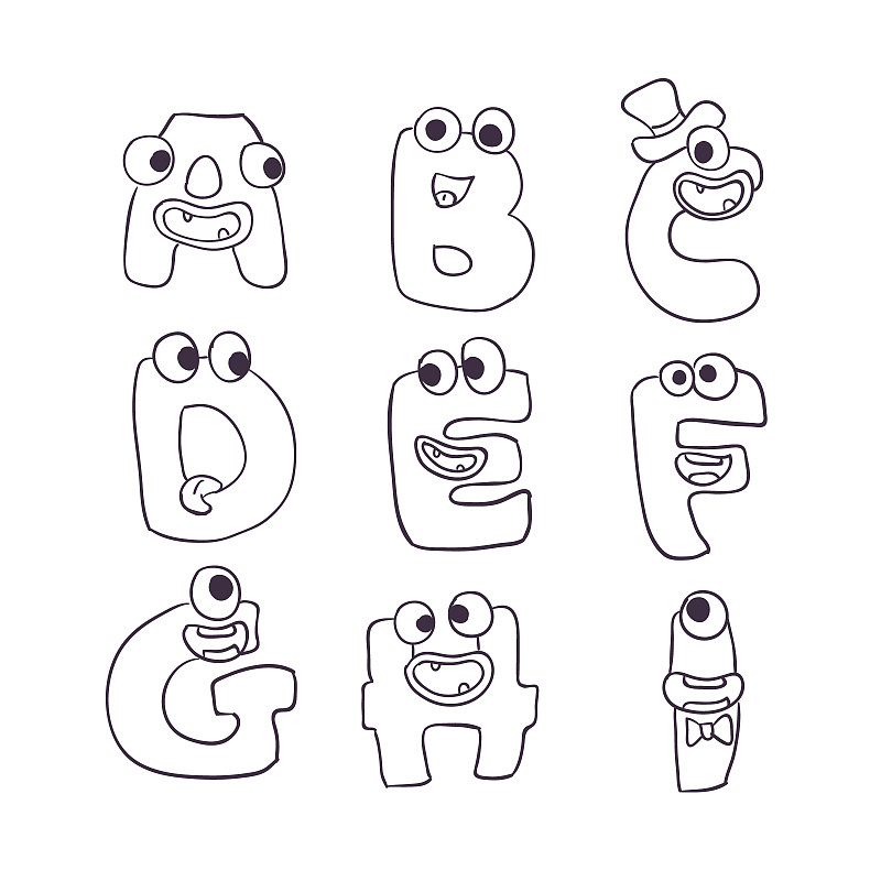 字母,乱画,可爱的,怪物,字母表次序,艺术,绘画插图,符号,性格,组物体