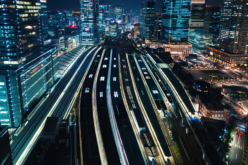 东京,火车站,航拍视角,巨大的,火车,水平画幅,夜晚,无人,日本,千代田区