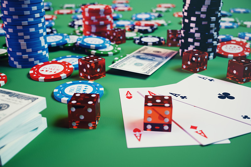 骰子,扑克,赌场,绘画插图,纸牌,绿色,概念,进行中,三维图形,桌子