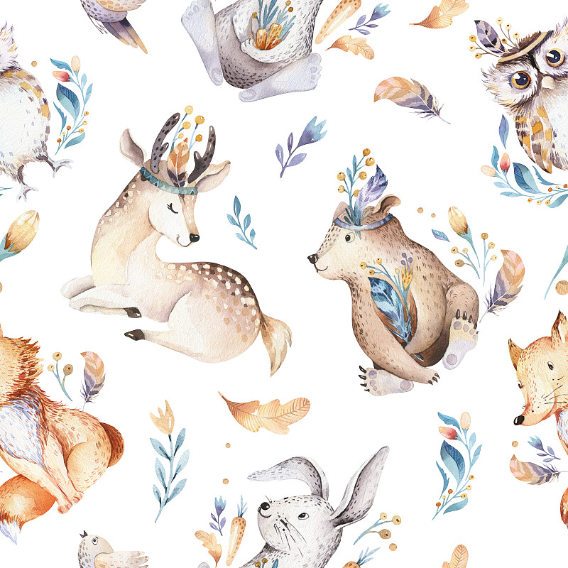 小兔子,绘画插图,四方连续纹样,熊,树林,可爱的,波西米亚风,鹿,兔子,动物