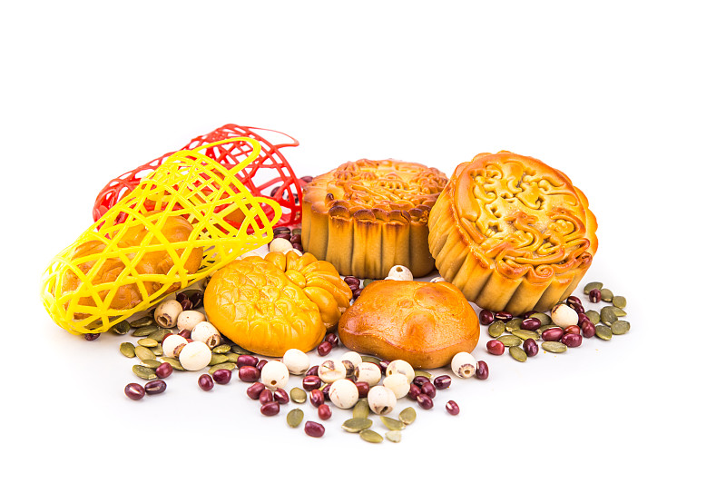 秋天,白色背景,传统节日,成分,中间,菜豆,月饼,烘焙糕点,荷花,糖