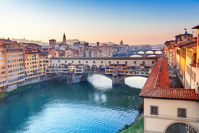 维基奥桥,佛罗伦萨,都市风景,意大利,水,天空,水平画幅,传统,古老的,曙暮光
