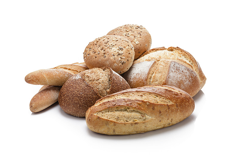 堆,白色背景,长面包,小酒杯,全麦,膳食纤维,小圆面包,清新,背景分离,多样