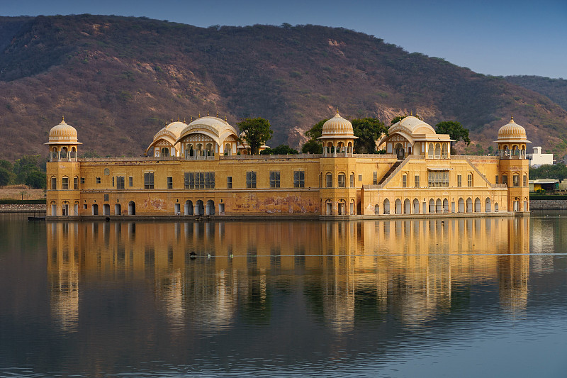 斋浦尔,宫殿,拉贾斯坦邦,印度,水上宫殿,水,水平画幅,山,无人,传统