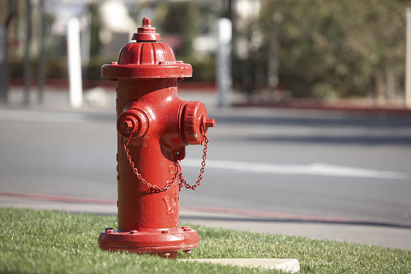 消防栓,红色,水,水平画幅,无人,夏天,户外,金属,草,特写