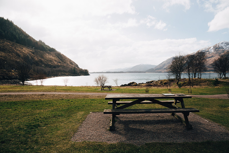 野餐桌,威廉堡,苏格兰,空的,依尔湖,水,天空,美,长椅,座位