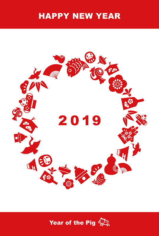 猪年,2019,新年卡,垂直画幅,贺卡,祷文版,镜饼,门松,无人,海鲷