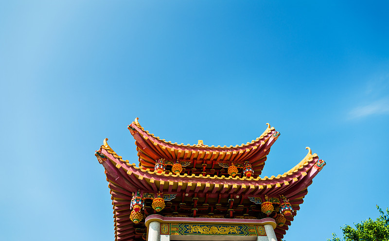 寺庙,屋顶,天空,蓝色,高雅,在下面,屋檐,雕塑,佛教,美术工艺
