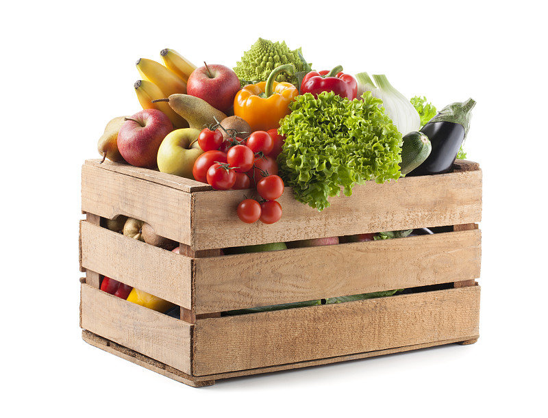 板条箱,蔬菜,水果,白色背景,水平画幅,食品杂货,素食,无人,生食,盒子
