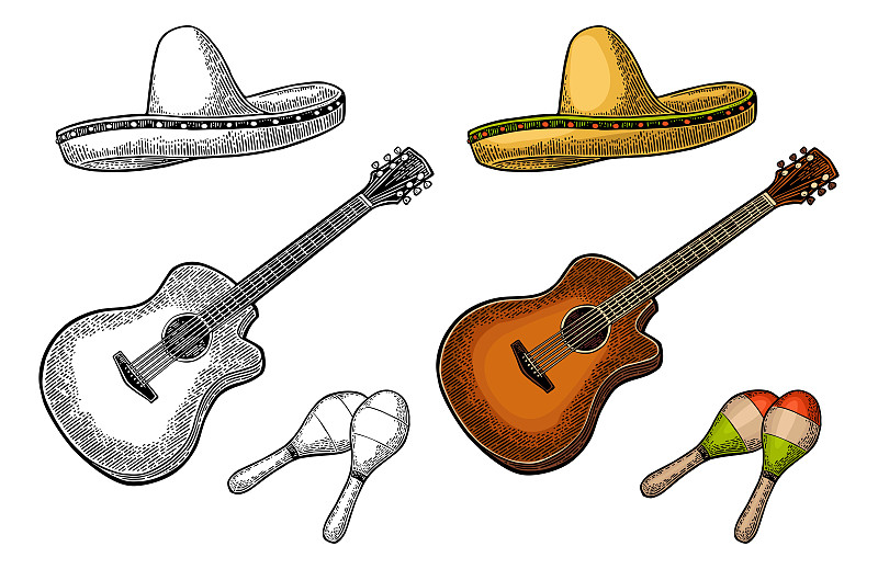 吉他,宽边帽,墨西哥,沙球,水平画幅,民间音乐,无人,绘画插图