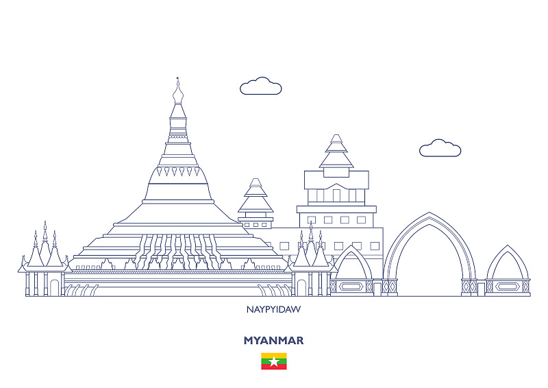缅甸,城市天际线,内比都,水平画幅,无人,绘画插图,建筑外部,非都市风光,乡村风格,轮廓