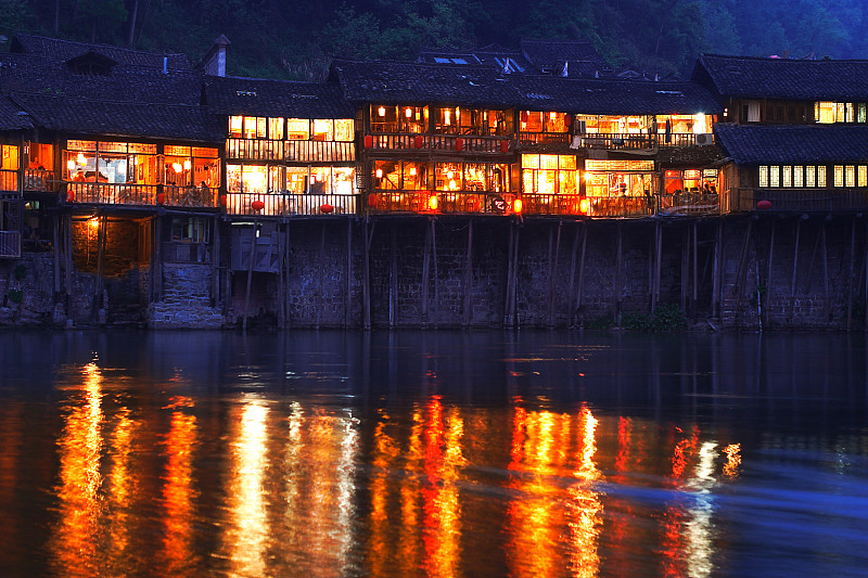 夜晚,河流,湖南省,远古的,水平画幅,无人,古老的,户外,房屋,建筑结构
