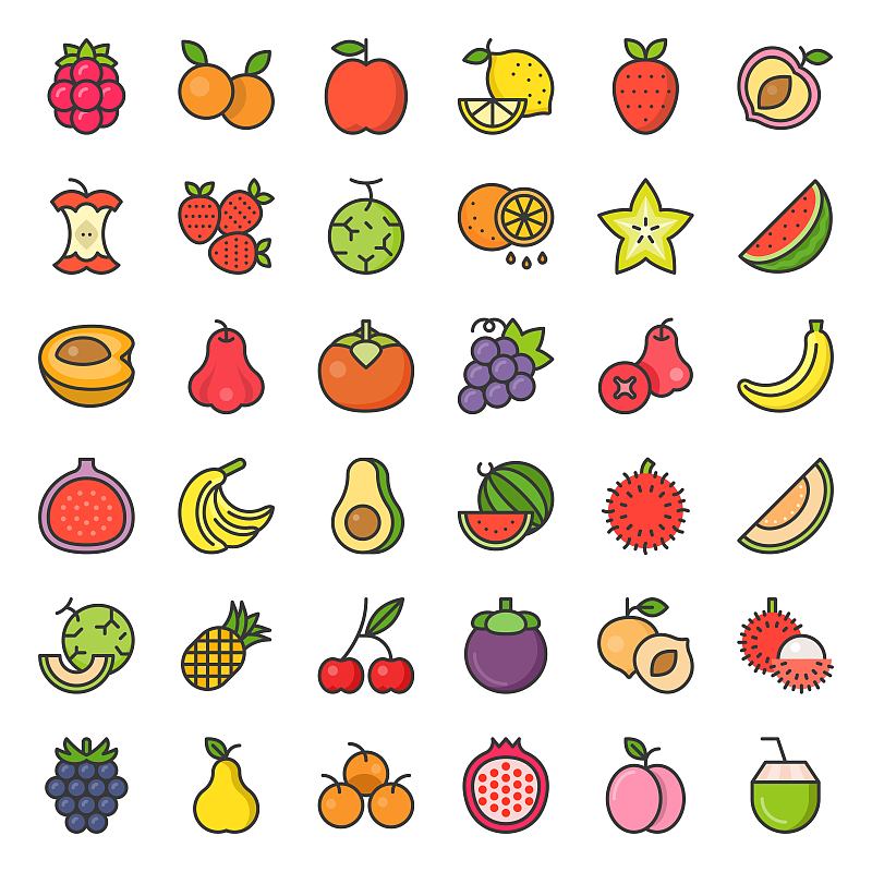 图标集,水果,浆果,可爱的,轮廓,樱桃,无人,绘画插图,桃,椰子