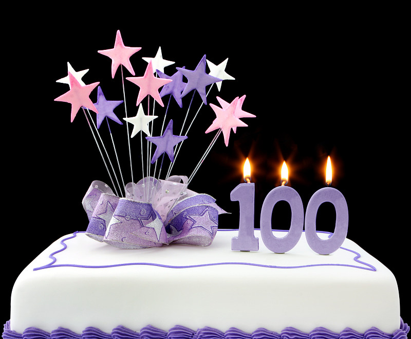 蛋糕,白色,紫色,100岁生日,100号,生日蜡烛,水平画幅,无人,蝴蝶结,生日