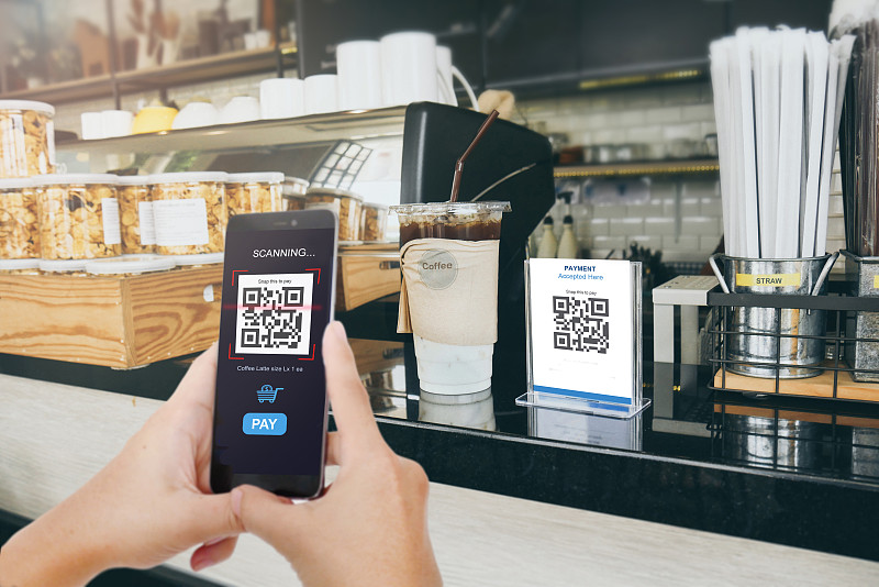 咖啡店,二维码,标签,技术,数字化显示,钱包,欧元符号,男人,付款,发展