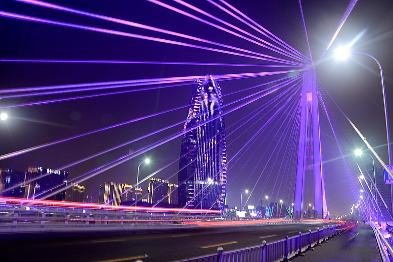 桥,浙江省,运动模糊,宁波市,迅速,电缆,水平画幅,夜晚,无人,市区路