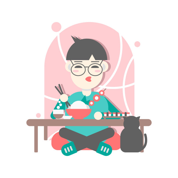 黑头发的年轻人正在吃亚洲食物.卡通矢量平面风格插图孤立的白色背景.