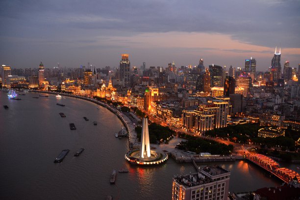 黄昏时分，中国上海外滩全景