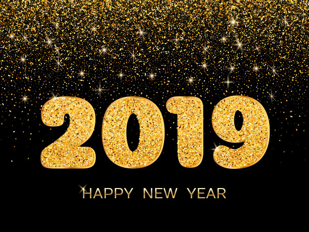 2019新年快乐。黑色背景上的金色五彩纸屑。2019年新年贺卡。背景与金色数字和五彩纸屑。