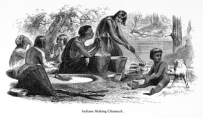 美国原住民在约塞米蒂，约塞米蒂山谷，约塞米蒂国家公园，内华达山脉，加利福尼亚州，美国维多利亚版画，1872年