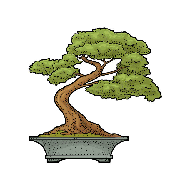 盆景树在花盆.复古黑色矢量雕刻插图