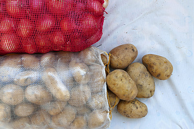 冬天的洋葱和土豆装在一个大袋子里，