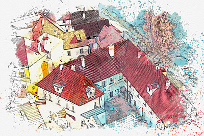 捷克克鲁姆洛夫传统建筑的水彩素描或插图