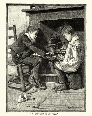 男孩们在火上烤栗子，维多利亚时代，19世纪