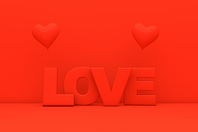 心形气球和爱的短信，情人节的概念