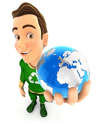 3d绿色英雄抱着蓝色地球