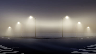 矢量插图的空旷的雾蒙蒙的街道在晚上在郊区，墙纸雾点燃灯笼