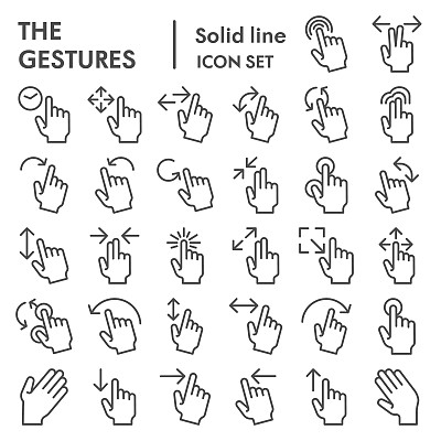 手势线图标集，手的符号收集，矢量草图，标志插图，tap标志线形象形图包装孤立在白色背景，eps 10。