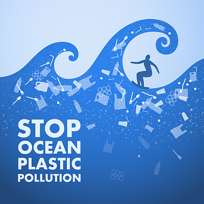 阻止海洋塑料污染。生态的海报。冲浪者在波浪和文本。水中有蓝色背景的塑料垃圾、瓶子、袋子。塑料的问题。