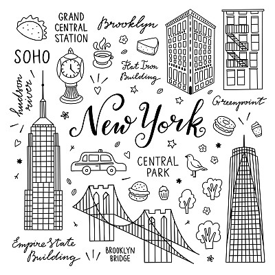 纽约手绘向量集建筑，地标，建筑，食物和字母。纽约的旅游元素和物品