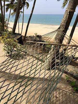 在印度果阿/喀拉拉邦，绳索吊床被绑在两棵椰树之间，可以在阳光明媚的热带海滩上放松。在海边度假竹绳吊床，非常适合懒洋洋地睡在吊床上