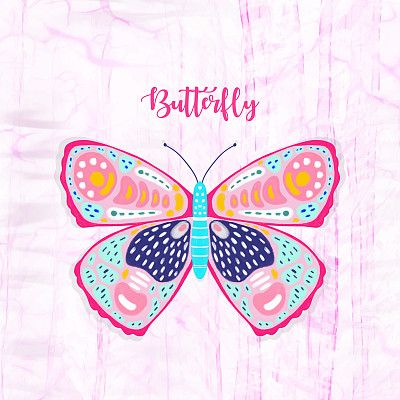 Hand Drawn Pink Watercolor Butterfly with Pink Marble Background. Design Element. Greeting Card.