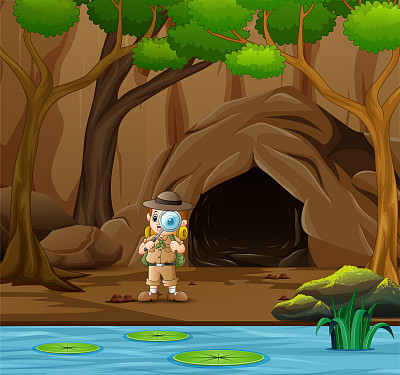 小探险家站在洞穴和河流附近