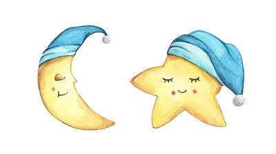 昏昏欲睡的半月和戴着蓝色睡帽的小星星.