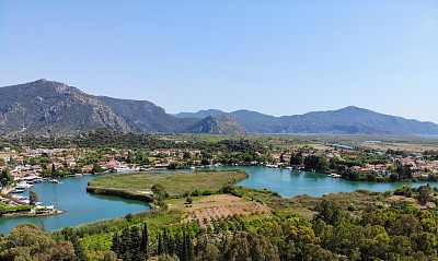 空中全景Dalyan Kaunos, Fethiye，土耳其