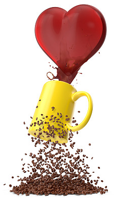 3D泼咖啡在黄色的杯子和咖啡豆物体上孤立的白色。