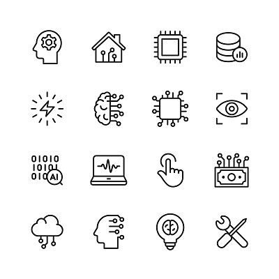 Artificial Intelligence Line Icons. Editable Stroke. Pixel Perfect. For Mobile and Web. Contains such icons as Artificial Intelligence, Machine Learning, Internet of Things, Big Data, Network Technology, Robot, Finance Cloud Computing.