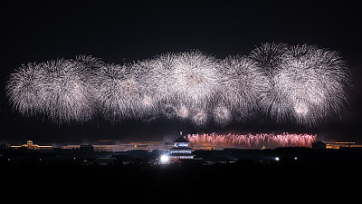 国庆烟花表演在天安门广场，中国，北京