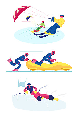 雪上滑雪，雪橇和滑雪障碍类的运动。运动员骑滑雪板和滑雪板与风筝。Bob, Man Skier Going Downhills上的竞争者。卡通平面矢量插图，剪辑艺术