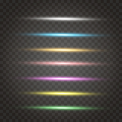 矢量组氖激光辉光。水平发光线闪光透明效果。装饰色彩突出设计细节文字广告和标题。