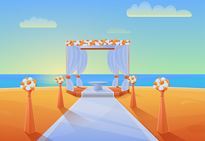 卡通全景的海滨与设备的婚礼仪式，矢量插图