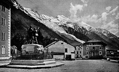夏蒙尼村和勃朗峰在奥弗涅-莱茵-阿尔卑斯，法国- 19世纪