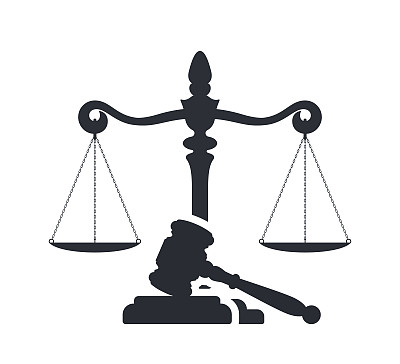 法律与正义观念。法官的木槌和正义的天平。向量轮廓。天秤座和木槌。法律中心或法律倡导者的象征。