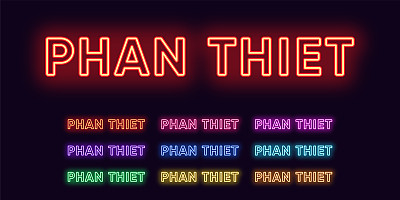 霓虹潘thiet的名字，在越南的城市。霓虹文字的潘锡特城。矢量组发光的标题