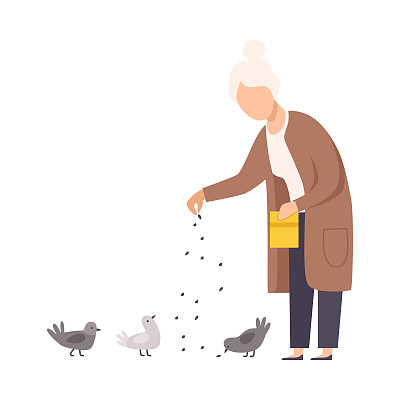 年长妇女站立和喂食鸽子矢量插图