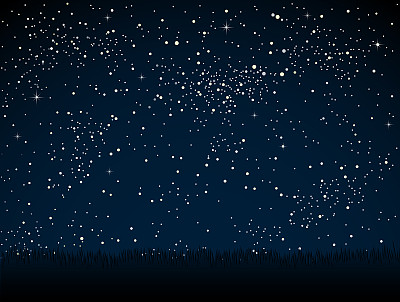 繁星点点的夜晚，草地上闪烁着明亮的星星。背景,旗帜。